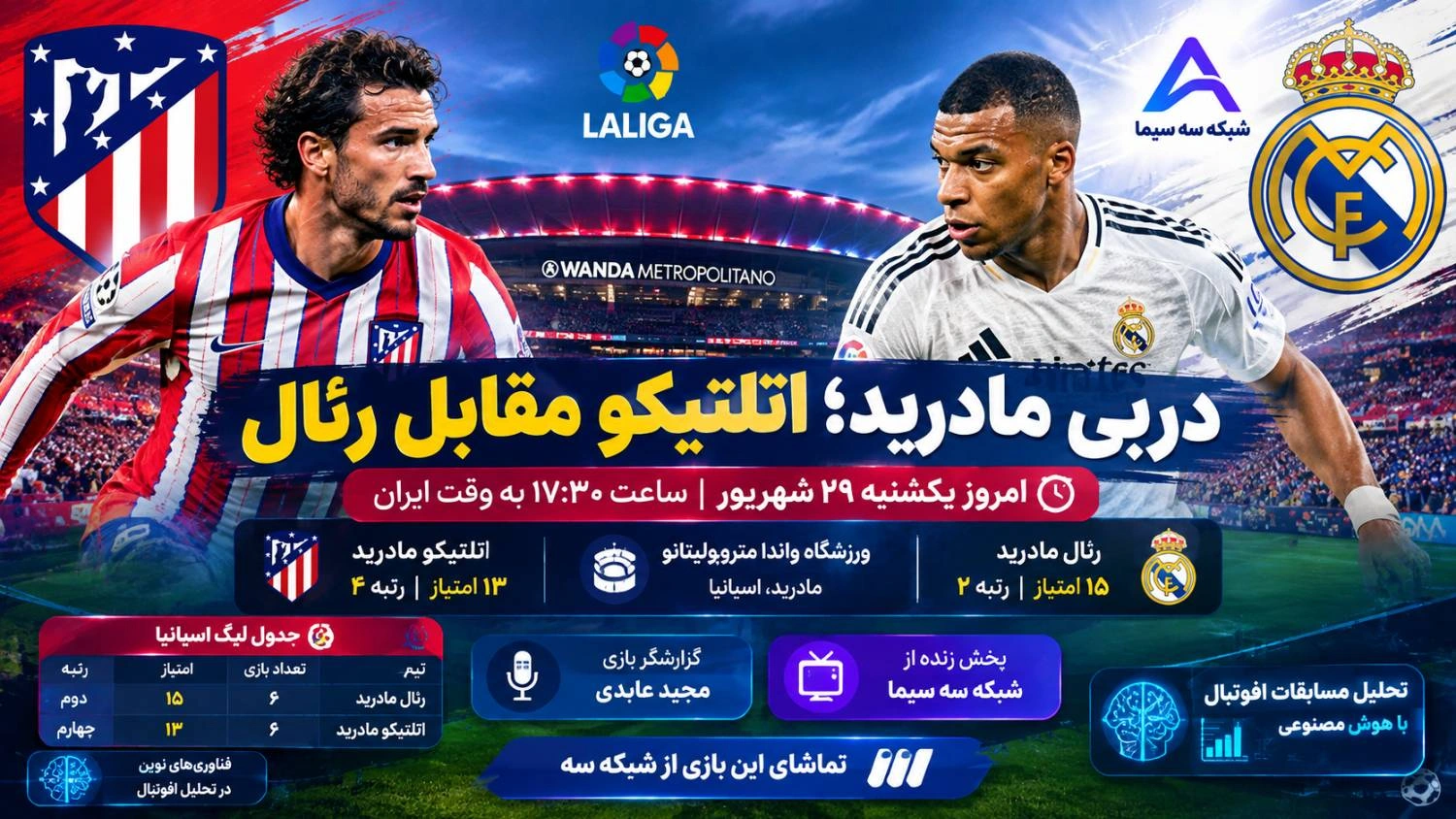 تقابل اتلتیکو مادرید و رئال مادرید امروز از شبکه سه سیما | نبرد حساس در واندا متروپولیتانو | بازتاب در استان فارس و شیراز