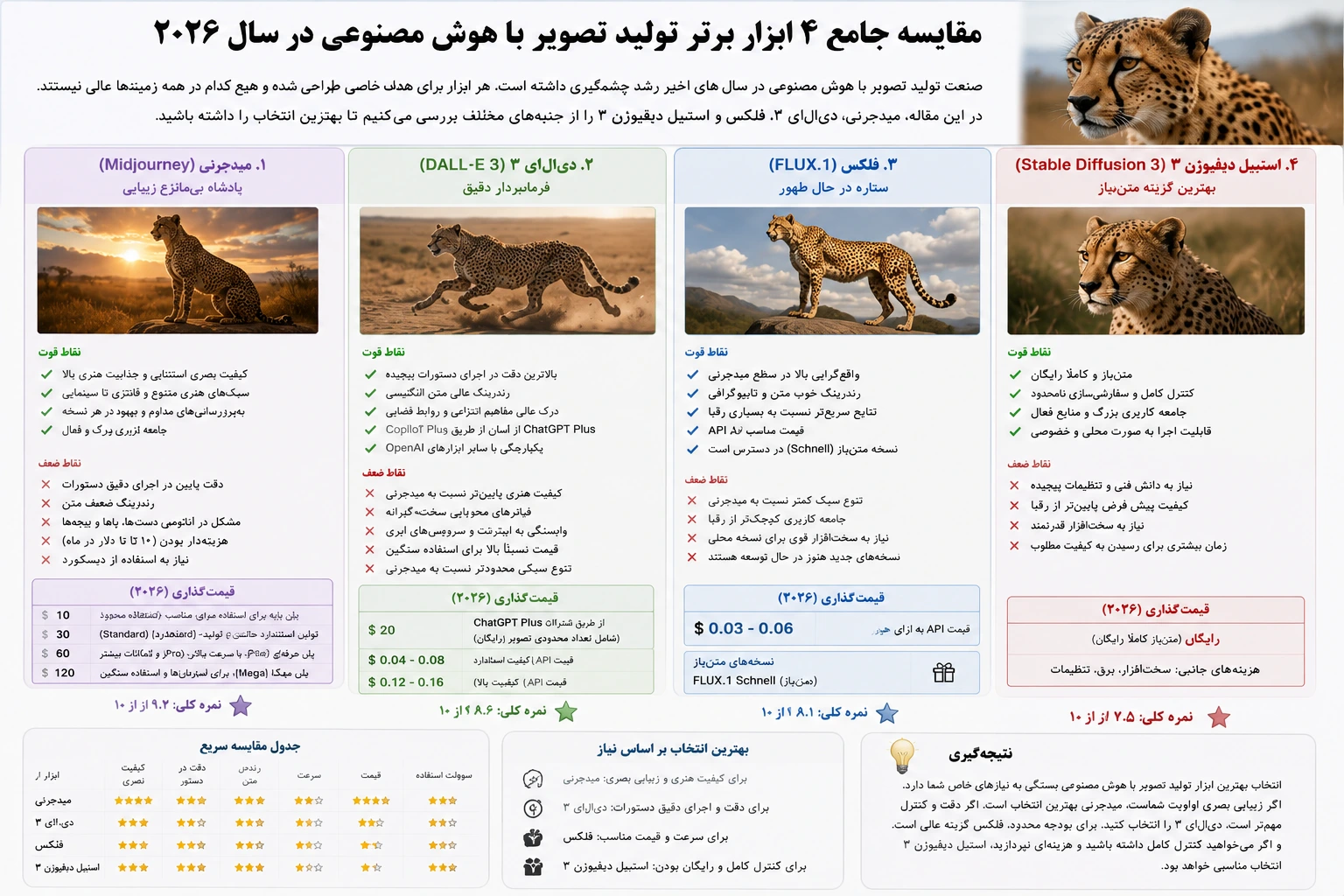 مقایسه جامع هوش مصنوعی‌های مولد تصویر (۲۰۲۶): کدام ابزار برای خلق عکس‌های یوزپلنگ بهترین است؟